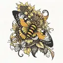 bee sunflower peacock feather butterfly tattoo design idea