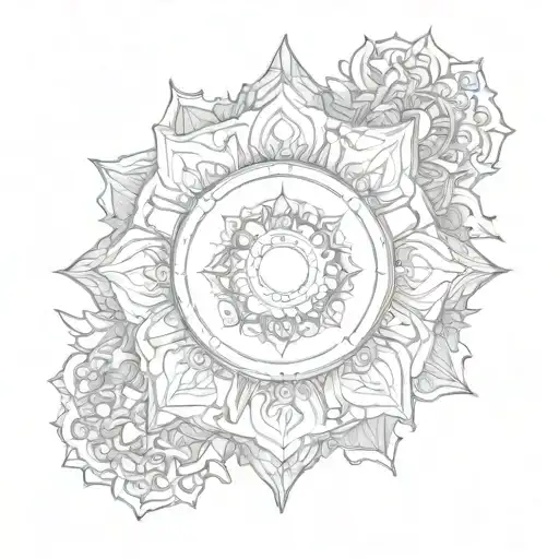 A mandala design incorporating elements of time, the sun, and moon with Hindu gods as the centerpiece tattoo design idea