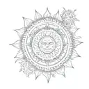 A mandala design incorporating elements of time, the sun, and moon with Hindu gods as the centerpiece tattoo design idea
