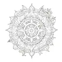 A mandala design incorporating elements of time, the sun, and moon with Hindu gods as the centerpiece tattoo design idea