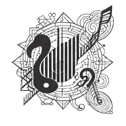 A geometric pattern incorporating forex trading symbols and musical notes tattoo design idea