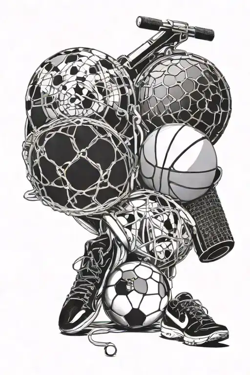 Combine elements of military gear (such as helmets, rifles, or camouflage patterns) with sports equipment (like basketballs, soccer balls, or tennis rackets) tattoo design idea