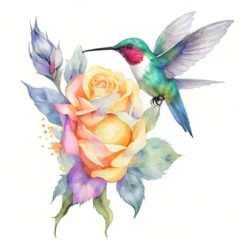 rose, color blue, hummingbird, rose rock, mountains tattoo design idea