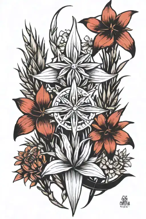 Zia symbol and yucca plant and flower intertwined tattoo design idea