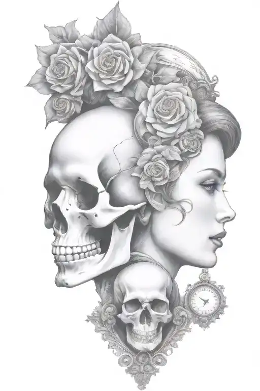 janus head profile skull and lady with hourglass pendant tattoo design idea