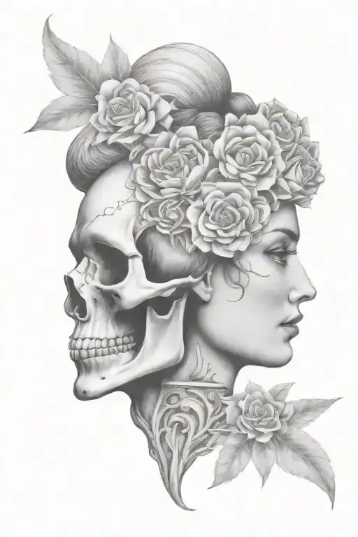 janus head profile skull and lady tattoo design idea