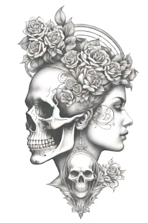 janus head profile skull and lady with hourglass necklace tattoo design idea