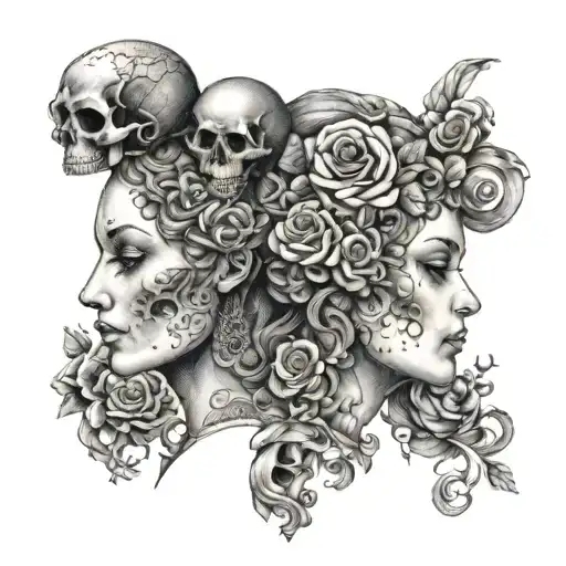 janus head profile lady and skull tattoo design idea