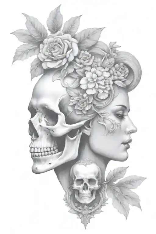 janus head profile skull and lady with hourglass pendant tattoo design idea
