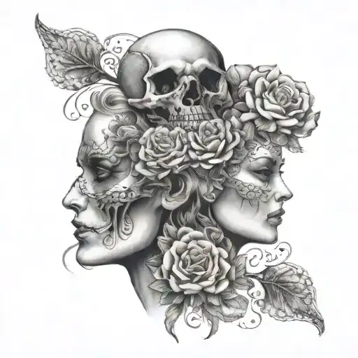 janus head profile skull and lady tattoo design idea