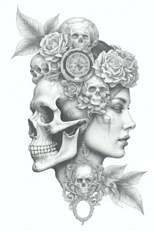 janus head profile skull and lady with hourglass necklace tattoo design idea
