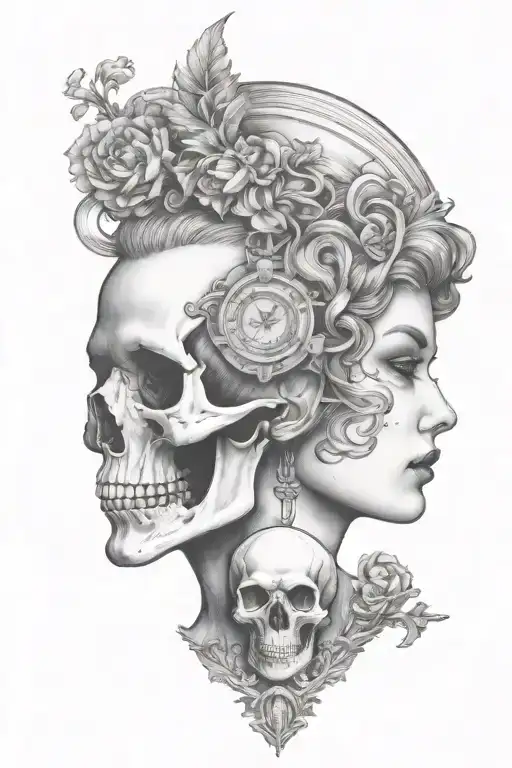 janus head profile skull and lady with hourglass pendant tattoo design idea