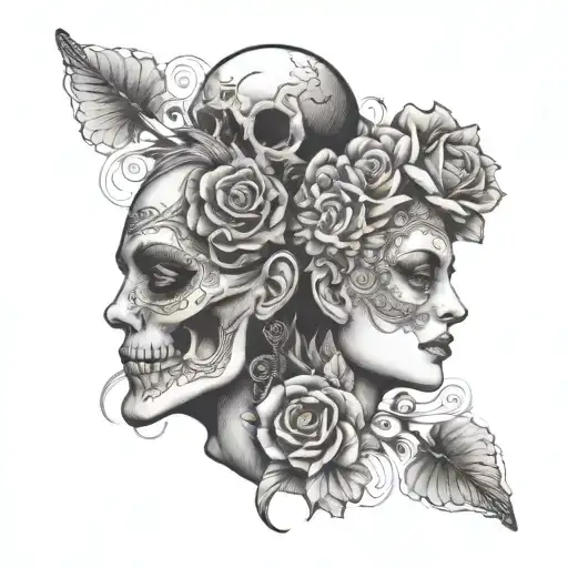 janus head profile skull and lady tattoo design idea