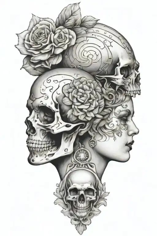 janus head profile skull and lady with hourglass necklace tattoo design idea