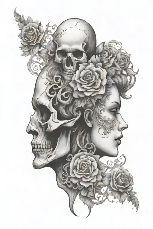 janus head profile skull and lady tattoo design idea
