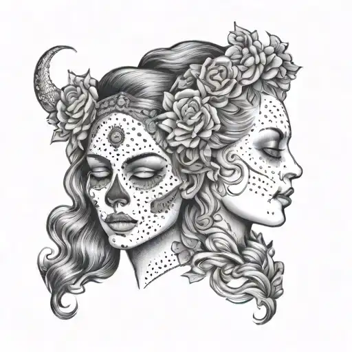 janus head profile lady and skull tattoo design idea