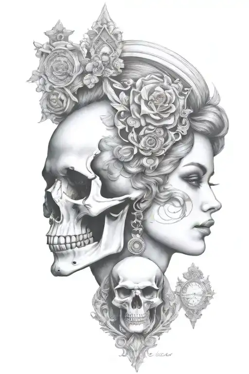 janus head profile skull and lady with hourglass pendant tattoo design idea