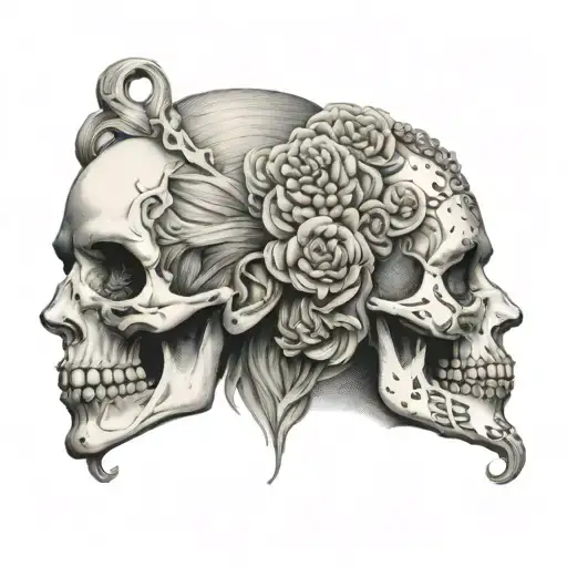 janus head profile lady and skull tattoo design idea