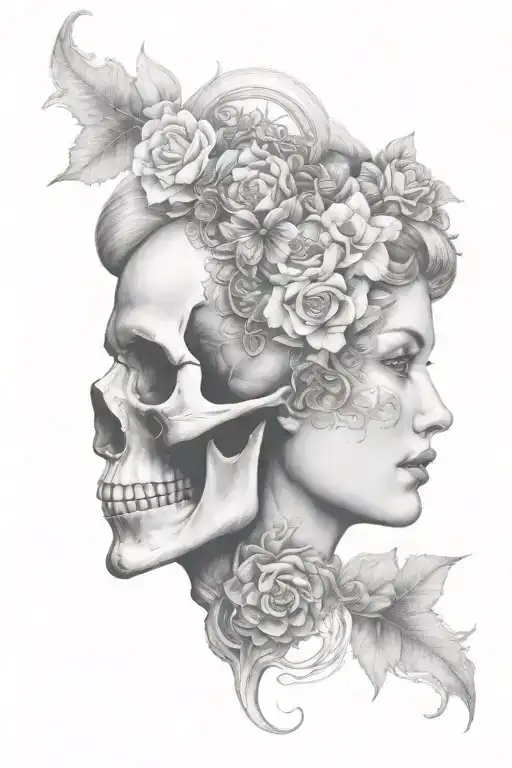 janus head profile skull and lady tattoo design idea