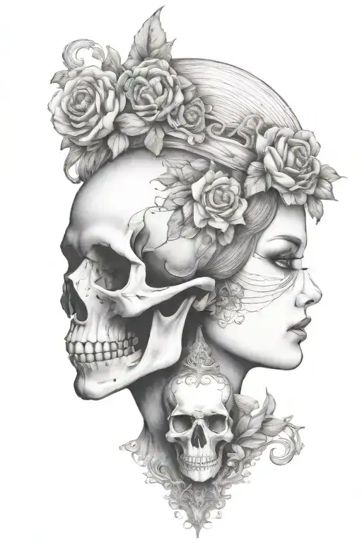 janus head profile skull and lady with hourglass pendant tattoo design idea