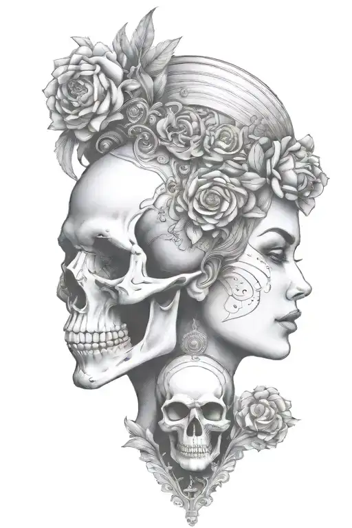janus head profile skull and lady with hourglass pendant tattoo design idea