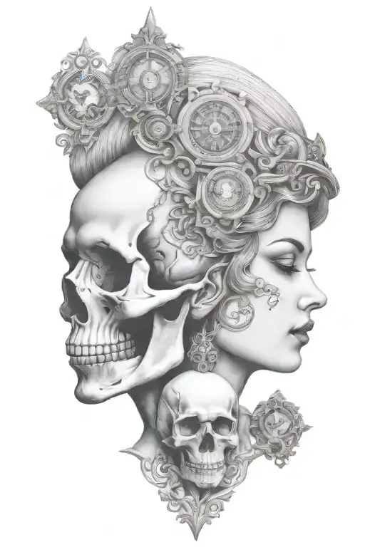 janus head profile skull and lady with hourglass pendant tattoo design idea