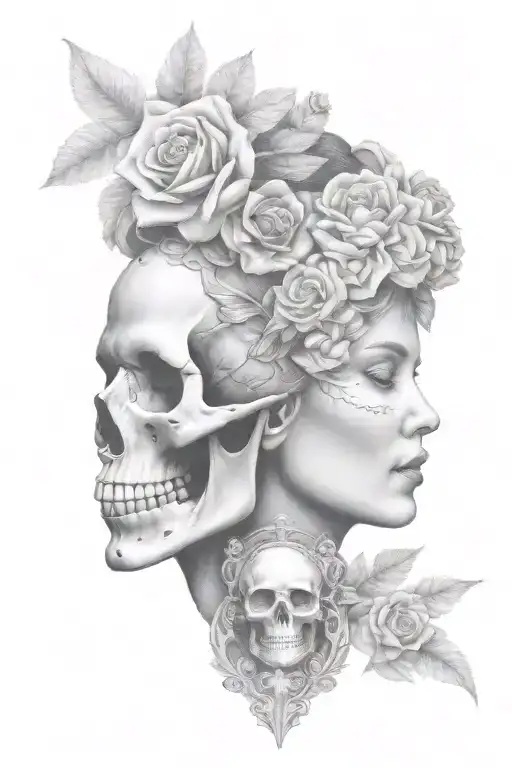 janus head profile skull and lady with hourglass necklace tattoo design idea