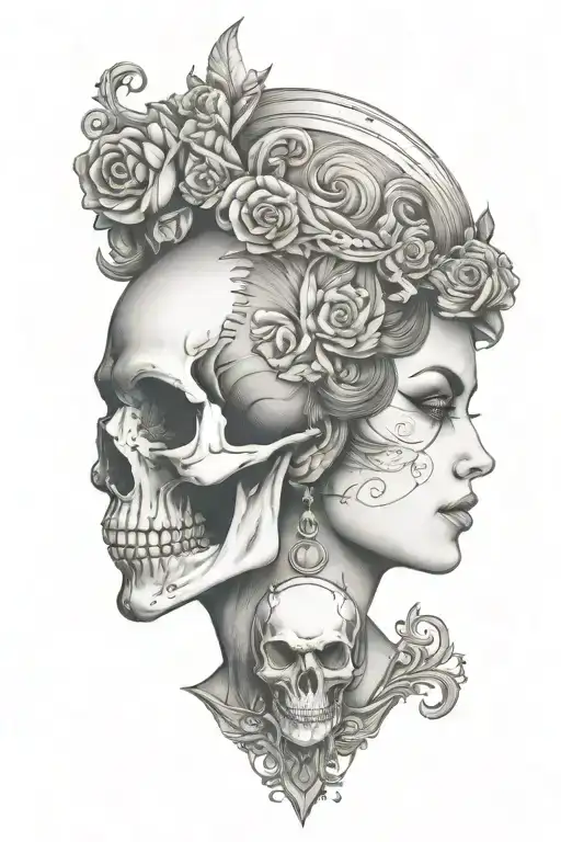 janus head profile skull and lady with hourglass necklace tattoo design idea