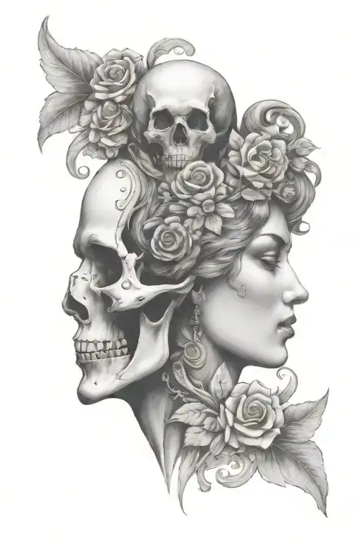 janus head profile skull and lady tattoo design idea