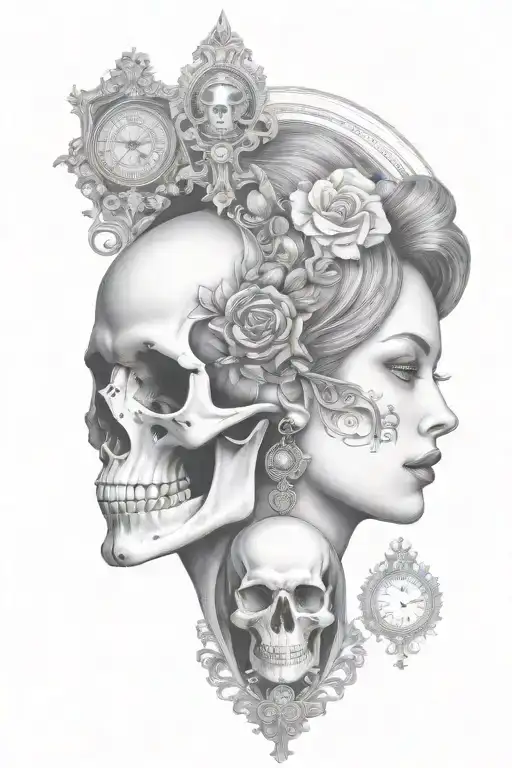 janus head profile skull and lady with hourglass pendant tattoo design idea