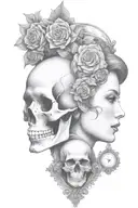 janus head profile skull and lady with hourglass pendant tattoo design idea