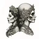 janus head profile lady and skull tattoo design idea