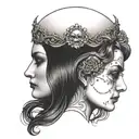 janus head profile lady and skull tattoo design idea