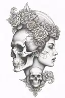 janus head profile skull and lady with hourglass pendant tattoo design idea