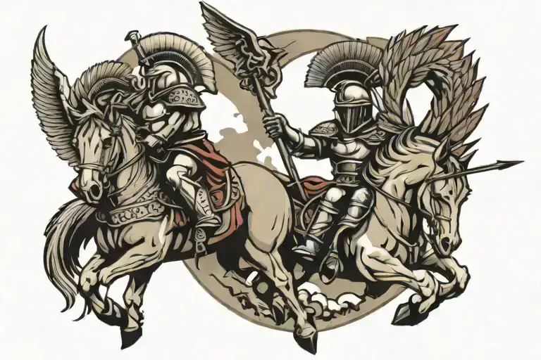 spartan tattoo with another spartan with spear on horse with wings tattoo design idea