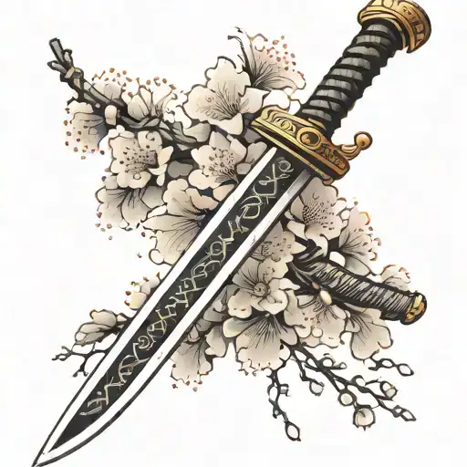 A samurai sword with intricate cherry blossom engravings tattoo design idea