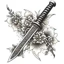 A samurai sword with intricate cherry blossom engravings tattoo design idea