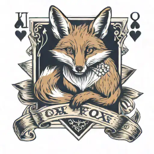 Small minimal fox sitting on a square background, accented by calligraphy brush strokes, with 4 large Aces playing cards tattoo design idea