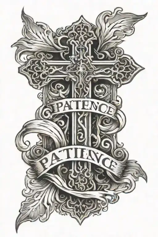  A cross with the word "patience" going down vertically inside and "me third" horizontally tattoo design idea