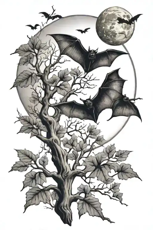 leafless tree bats flying moon tattoo design idea