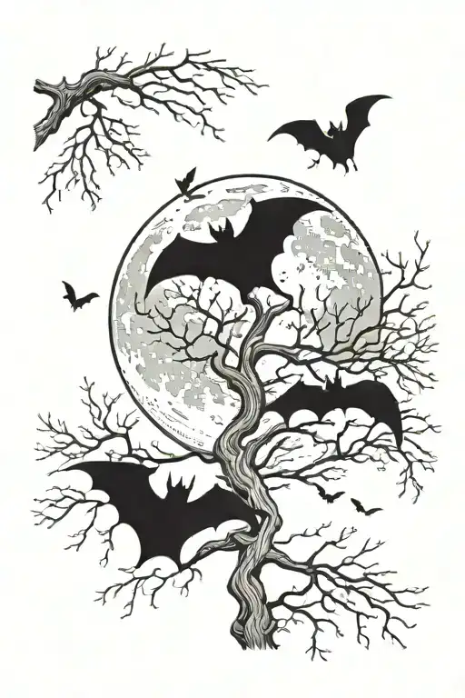leafless tree bats flying full moon tattoo design idea