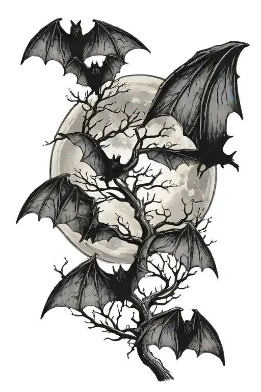 leafless tree bats flying around full moon tattoo design idea