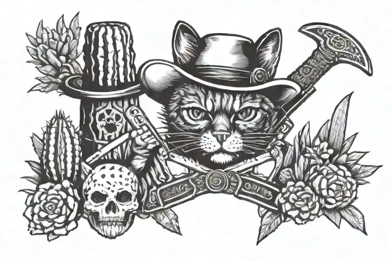 A blackwork tattoo design featuring a cat with a bandit mask holding a knife, surrounded by western-themed elements like cowboy hats and cacti tattoo design idea