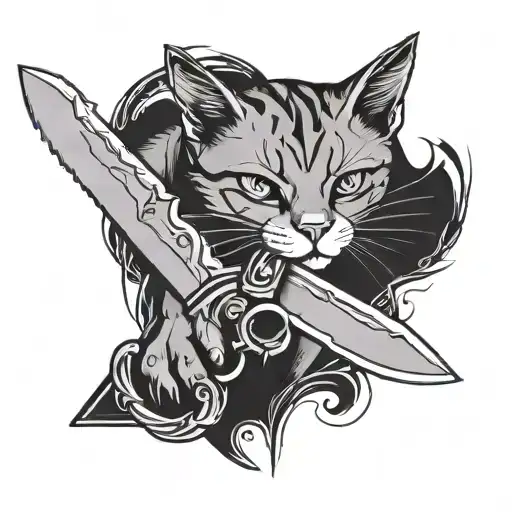 A black-grey tattoo design of a sleek knife with a cat silhouette as the handle, incorporating subtle criminal elements like handcuffs and a mask tattoo design idea