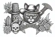 A blackwork tattoo design featuring a cat with a bandit mask holding a knife, surrounded by western-themed elements like cowboy hats and cacti tattoo design idea