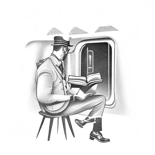 A black-grey tattoo of a train conductor reading a book in a scenic natural landscape tattoo design idea