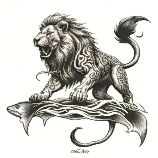 A tribal-inspired design featuring a lion roaring triumphantly over a school of trout, symbolizing strength and perseverance in the client's life as a fisherman tattoo design idea