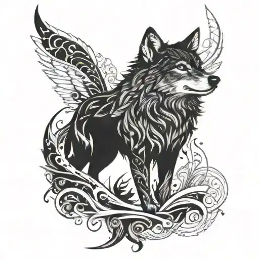 An intricate design of a wolf surrounded by swirling book pages, incorporating elements of blackwork style tattoo design idea