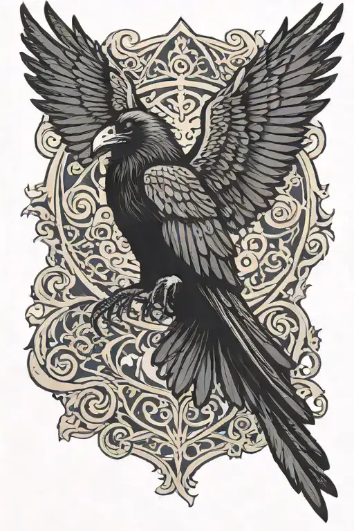 raven with outstretched wings and gothic ornamentation around tattoo design idea