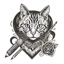 A tattoo design of a cat holding a pencil, with paintbrushes and baking ingredients scattered around, representing your love for cats, drawing, sketching, painting, and baking tattoo design idea